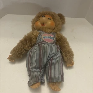 Vintage Monchhichi Thumb Sucking Wuschel Bear Stuffed Animal Overalls - Picture 1 of 9