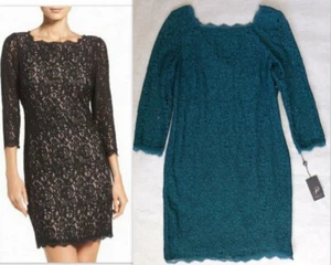 NWT ADRIANNA PAPELL Sz 14 V-back w/zipper Lace Overlay Sheath Dress Hunter GREEN - Picture 1 of 12