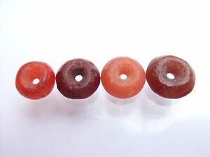 4 Ancient Neolithic Carnelian, Red Jasper Beads, Stone Age,  VERY RARE !