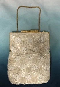 VTG MCM Walborg Cream Microbeaded Evening Bag Mother Of Pearl & Metal Framer 7x5 - Picture 1 of 8