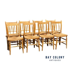 SET OF EIGHT FEDERAL STYLE TIGER MAPLE COUNTRY WINDSOR THUMB BACK DINING CHAIRS - Picture 1 of 9