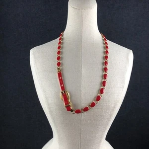 Vintage Enamel Belt Necklace Metal Unusual Costume Jewelry Retro Red Gold Tone - Picture 1 of 9