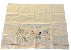 Vtg Hand Embroidered Bunny Duck On Seesaw Receiving Blanket/Sheet 32x47” READ - Picture 1 of 24