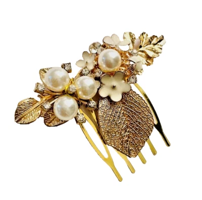 Small Golden Pearl Crystal Hair Comb Enamel Flower Leaf for Wedding Prom Bridal - Image 1 of 4