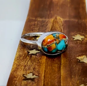Anillo de piedras preciosas turquesa ostra plata esterlina 925 anillo hecho a mano liso todos los tamaños - Imagen 1 de 4