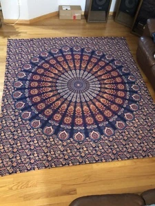 Mandala Fabric Boho Hippie Circle Pattern Navy Blue Orange 80” X 90” Tablecloth - Picture 1 of 12