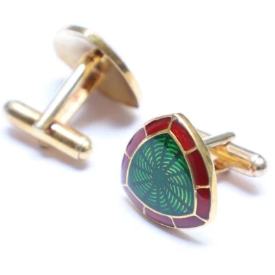 Gemelos de boda enchapados en oro en forma de tringle de plata de ley 925 verde esmalte rojo Foto 1 de 4