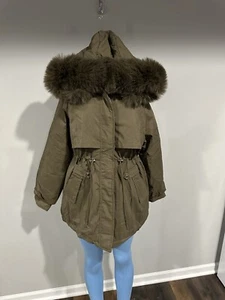 Coat Size Large Women Brown Parka Fur Lined Warm Winter Hooded - Picture 1 of 5