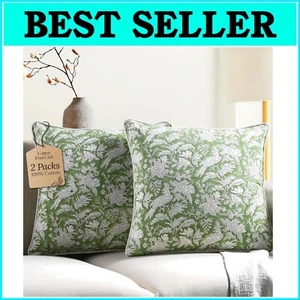Boho-Chic 100% Cotton Throw Pillow Covers 20x20 Inch - Set of 2 Olive Green - Picture 1 of 11