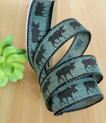 7/8" (3YD Lot) Wired Holiday Ribbon Elk Woodsy Animal Print Wreaths Gift Wrap  - Image 1 of 2