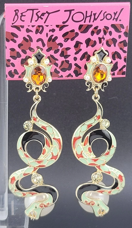 Pendientes de araña de cristal de serpiente esmaltada verde rojo negro Betsy Johnson NOC Foto 1 de 4