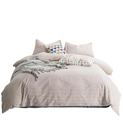  Duvet Cover 100% Washed Cotton Beige Plaid Duvet Cover Set 3 Queen Tan Gingham - Image 1 of 4