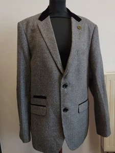 MARC DARCY 42” Mens Grey Tweed Herringbone Blazer Jacket Velvet Collar VGC - Picture 1 of 19