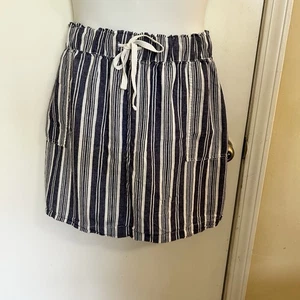 Plus Size 2X Linen Rayon Draw String Waist Skirt Blue/White Pockets Striped - Picture 1 of 9