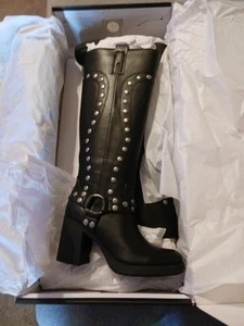 Nine West Women's Cert Square Toe Block Heel Studded Knee-High Moto Boots 5m - Picture 1 of 4