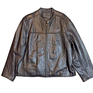 Black Leather Cafe Racer Biker Jacket DOCKERS Men's XL Lined Full Zip Pockets - Picture 1 of 16