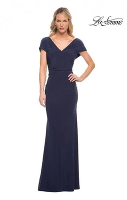 La Femme Womens Size 8 Navy Blue Jersey Evening Gown Maxi Dress Cocktail Wedding - Image 1 of 4