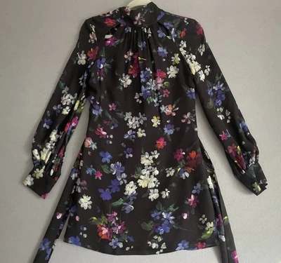 Milly Sherie Dress Women 0 Mini Silk Black Long Sleeve Painted Floral Tie Neck - Image 1 of 4
