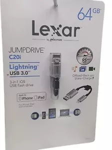 Lexar 64GB JumpDrive C20i Lightning to USB 3.0 Cable with Built-In Flash Drive - Picture 1 of 3