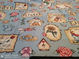 Dianna Marcum GARDEN Fabric Heavy wgt sold by yard Blue with Garden Decorations - Picture 1 of 5