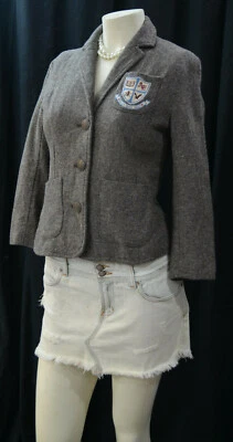 AE American Eagle brown Tweed Schoolboy Jacket crest coat crop blazer ladies S  - Image 1 of 4