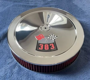 CHROME CHEVROLET AIR CLEANER 14" ROUND 4 BBL WASHABLE RED FILTER 383 DECAL NEW - Picture 1 of 6