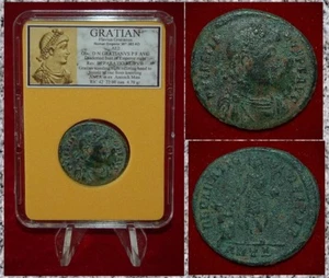 Antigua moneda Imperio Romano de Emperador GRACIANO ofrenda mano a mujer - Imagen 1 de 4