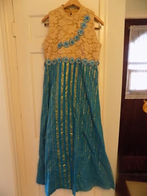 OOAK Lace Vtg Flower Appliqué A-Line Evening Gown Retro FABULOUS Beige Teal Gold - Image 1 of 4