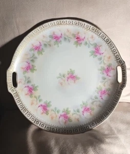 Antique Estate JSV Porcelain Cake Plate Germany Hand Painted Cabbage Rose Gilded - Picture 1 of 8