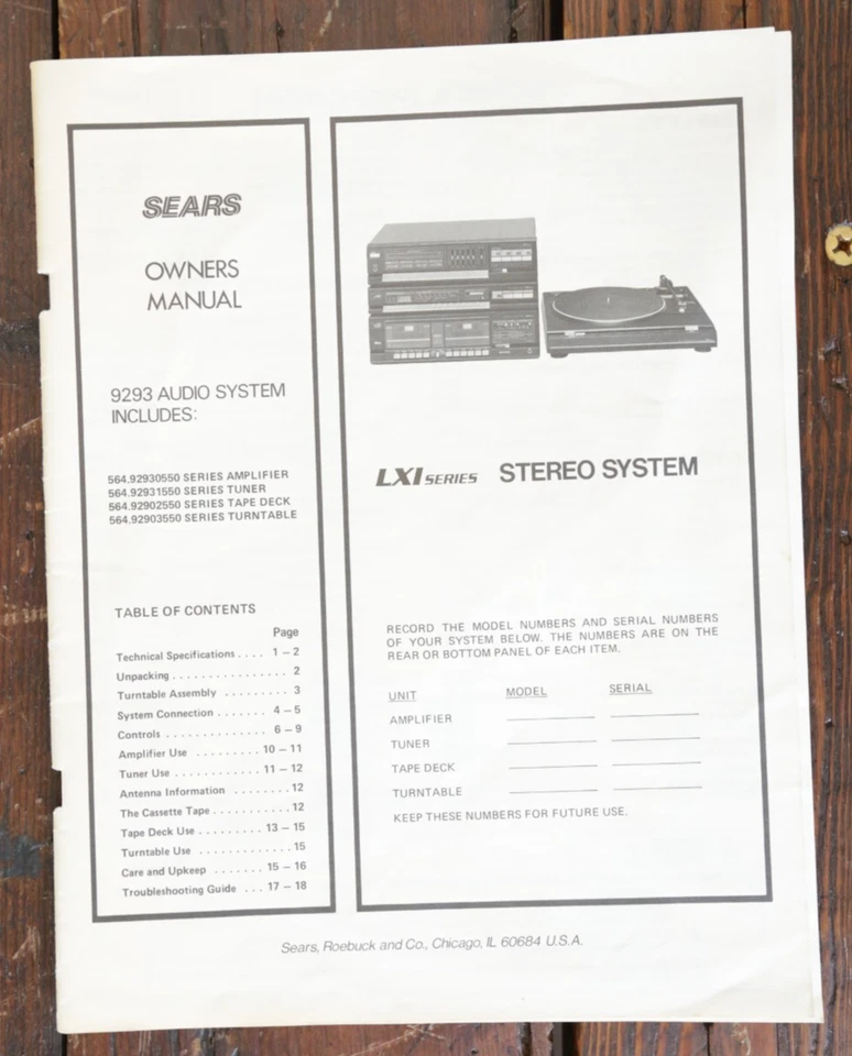 SEARS LXI Owners Manual STEREO SYSTEM Used - Image 1 of 1