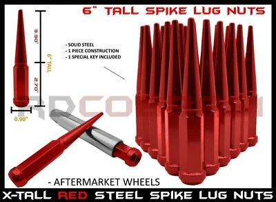 1999-2020 Chevy Silverado 1500 6x5.5 Red XL Spike Lug Nuts 6" Tall + Key - Image 1 of 4
