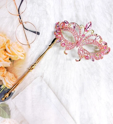 Pink Masquerade Mask, Met Gala Stick Mask, Gold Masquerade Ball Mask, Prom Mask - Image 1 of 4