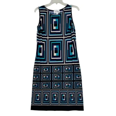 Vestido Joseph Ribkoff Talla 4 Azul Negro Estampado Geométrico Slinky Tejido Sin Mangas  Foto 1 de 4