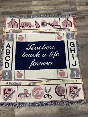 Teachers Touch a Life Forever Woven Throw Blanket 50x60 Cotton Fringe Spain - Image 1 of 4