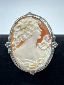 Vintage Lrg Sterling Silver Finely Carved Flora Portrait Shell Cameo Brooch 45mm - Picture 1 of 24