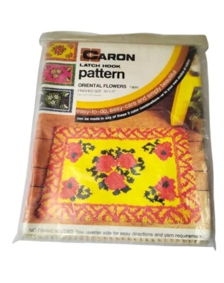 Oriental Flowers ︱Vintage Latch Hook Rug ︱Pattern Caron  20 X 27  ︱Cotton Canvas - Image 1 of 2