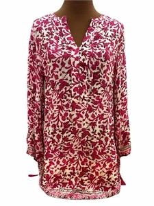 Soft Surroundings Womens Small Boho Tunic 100% Rayon Pink White V-Neck Tassels - Picture 1 of 12