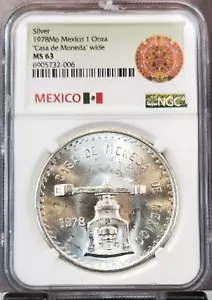 1978 MEXICO SILVER 1 ONZA CASA DE MONEDA WIDE NGC MS 63 KEY DATE BRIGHT LUSTER - Picture 1 of 3