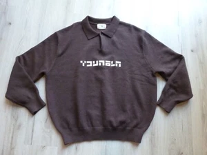 YoungLA Mens Knitted Polo Long Sleeve Pullover Sweater L Stretch Spellout Brown - Picture 1 of 10