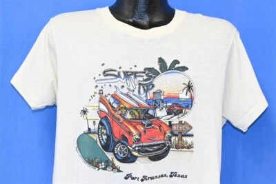 vtg 80s PORT ARANSAS TEXAS SURFS UP HOT ROD WAGON BEACH SUNSET t-shirt LARGE L - Image 1 of 4