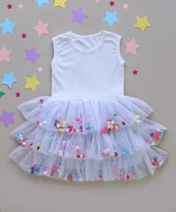White & Silver Pom-Pom Three-Tier Tutu Dress Size 4-5 size - Picture 1 of 3