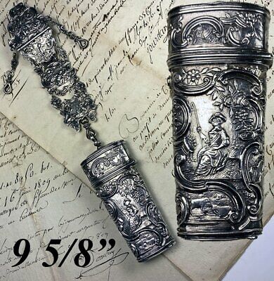 Antique C1750s French 9 5/8  Long Châtelaine And Necessaire, Sewing Etui, Silver • 1,196.25$