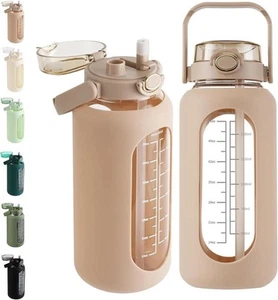 64oz Glass Water Bottle with Straw and Handle Lid Half Gallon Motivational Glass - Picture 1 of 6