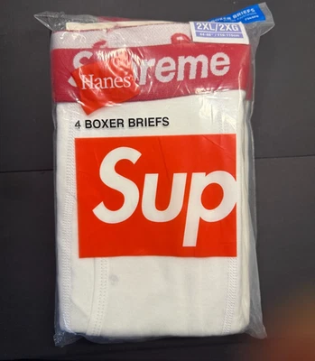 全新 Supreme Hanes 拳击内裤 内衣 白色 4 件装 99HAA36 男式 2XL XXL — 第 1/2 张图片