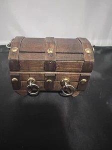Vintage Wooden Treasure Chest Trinket Box Brass Accents Hinged Lid - Picture 1 of 3