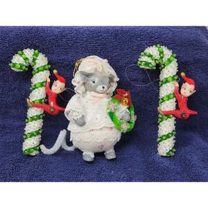 Vintage Taiwan ROC Mrs Clause Mouse And 2 Candy Cane Pixie Christmas Ornaments - Picture 1 of 4
