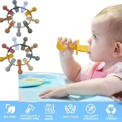 Soft Baby Feeding Silicone Spoon And Fork Set Led Weaning BPA Toxic Free Gift UK • 4.49£