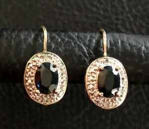 Gold Sterling Silver Earrings Black Sapphire Diamond Accent .75" 2.9g 925 #2688