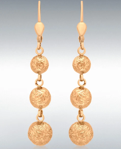 Pendientes colgantes graduados de triple bola de oro rosa de 9 quilates de 25 mm con corte de diamante Foto 1 de 1