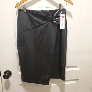 Kate Kasin Black NWT Medium Skirt Faux Leather Wrap Zip Back Pencil Knee M - Picture 1 of 9